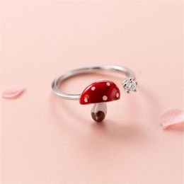 Cluster Rings Cute Dripping Red Mushroom Open Sterling 925 Silver Jewellery Diamonds Adjustable For Women Girl Gift Accessory313I