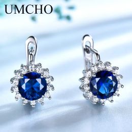 Brincos umcho 925 prata esterlina, joias finas criadas azul nano safira, clipe exclusivo em brincos para mulheres, declaração elegante