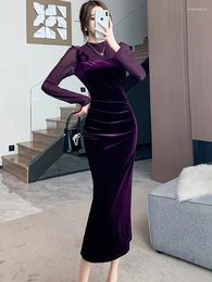 Casual Dresses 2024 Purple Velvet Patchwork Mesh Long Dress Gown Autumn Winter Chic Elegant Dance Party Women Korean Vintage Night