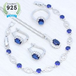 Strands 925 Silver Jewellery Set for Women Party Jewellery Blue Cubic Zirconia Earrings Pendant Chain Bracelet Open Ring Free Jewellery Box