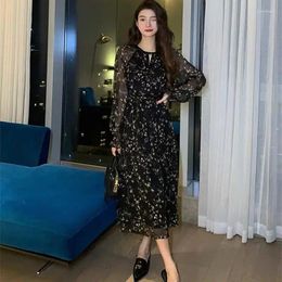 Casual Dresses Black Printed Chiffon Dress For Women Autumn Hollow Out Long Sleeve Vintage Midi Elegant Party Vestido Q731