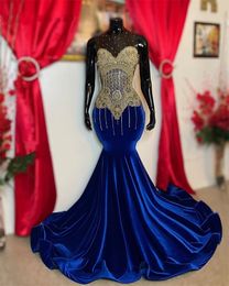 Blue New Arrival Prom Dresses 2024 Sheer Mesh Sparkly Diamonds Beads Rhinestones Crystals Veet Black Girl Evening Party Gala