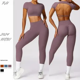 Active Sets Women Yoga Fitness Set Sexy Open Back Short Sleeved Top Sport Leggings Suit Comfort Trainning Tracksuit Leisure Workout Clothing