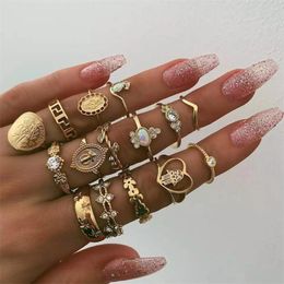 Cluster Rings Sell Joint Ring Retro Coin Fatima Palm Cross Pattern Crystal Heart 15 Pcs/Set Women Female Jewellery Gift