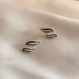 Stud Earrings Black Enamel Oil Crystal Leaf For Women Elegant Vintage Korean Fashion Small Party Plant Jewellery Gift