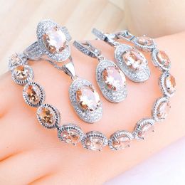 Necklace 925 Silver Jewellery Sets Champagne Zircon Stones Earrings Wedding Rings Pendant Necklace Bridal Set Bracelets For Women