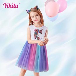 Girl Dresses VIKITA Children Unicorn Summer Kids Dress For Girls School Home Casual Flower Clothes Cotton Baby Costumes 3-12Y