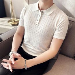 Men's Polos 2024 Clothing Light Luxury Knitted Polo Shirt Casual Streetwear Jacquard Solid Colour Short Sleeve T-Shirt Breathable M-3XL