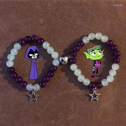 Strand Raven X Beast Boy Matching Bracelets Purple Green Magnetic Heart Gift Friendship Bracelet Y2k