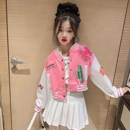 Korean Kids Girl Spring Clothes Print Short Coat Stylish Teenage Girl Baseball Jackets Children Topcoat 6 8 10 12 14 15 Y 240127