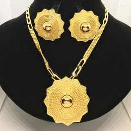 Necklace Earrings Set Italian 24k Gold Plated Dubai Geometric Flower Pendant Nigerian Bridal Party Engagement Jewellery