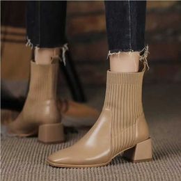 Boots 2023 Autumn Winter Ankle Socks Shoes Plush Women Boots Size 42 43 Knitted Short Boots Square Toe Retro High Heels Botas De MujerL2401