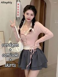 Work Dresses Sets Women Slim Chic Spring Sweet Cardigans Crop Sexy Aesthetic Camisole Ruffles Schoolgirl Mini Skirts Y2k Gentle