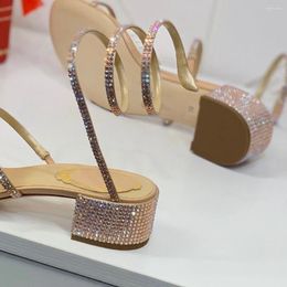 2024 Summer Winding Snake-shaped High-heel Rhinestone Sandals Thick-heeled Roman Women's Fashion 379