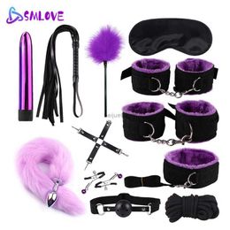 Bondage SMLOVE BDSM Kits Anal Tail Plug Adults Sex Toys for Women Men Erotic Handcuffs for Sex Whip Collar Nipple Clamps Set Bondage Set