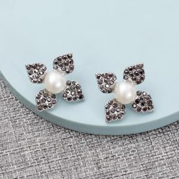 Stud Earrings Full Rhinestones Four Leafs Flower Zinc Alloy Inlaid Imitation Pearl For Women Luxury Trending Products Girls Jewelry
