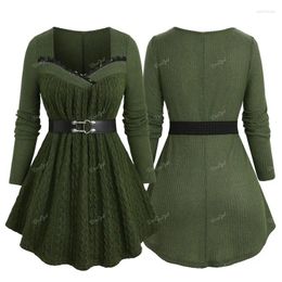 Women's Sweaters ROSEGAL Plus Size Lace Trim Belt Ruffles Cable Knit Deep Green Ribbed Textured Pullovers Top