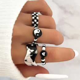 Cluster Rings Vintage Fashion Tai Chi Yin Yang Bagua Geometric Heart Wave Beaded Acrylic Combo Set For Women Men Party Jewelry Gifts