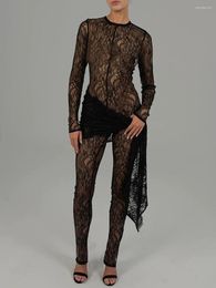 Women's Sleepwear Women Lace Sheer Jumpsuit Sexy See Through Long Sleeve Layered Playsuit Tie-up Slim Fit Clubwear