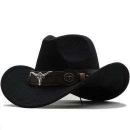 New Wome Men Black Wool Chapeu Western Cowboy Hat Gentleman Jazz Sombrero Hombre Cap Dad Cowgirl Hats Size 56-58cm driver cowboy sun hat