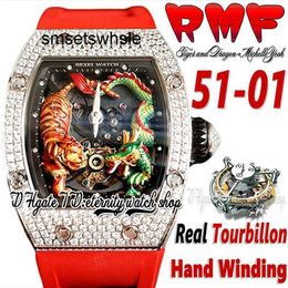 Automatic Mechanical Watches Dial Top Tiger Winding Real Painted Dragon Tourbillon Hand Case Red Rubber Strap 2022 Super Edition