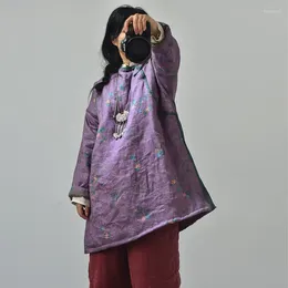 Women's Trench Coats Autumn Winter Jacket Chinese National Cotton-padded Clothes Women Parkas Thick Print Vintage Purple Cotton Linen Coat