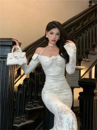 Casual Dresses Off Shoulder Sexy One Piece Dress Women Slash Neck Elegant Y2k Slim Female Korean Lace Fashion Chic Party 2024