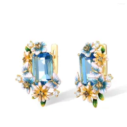 Dangle Earrings Luxury 18K Yellow Gold Colour Delicate Butterfly Stud For Women Sea Blue Zircon Crystal Flower Bohemia Enamel Jewellery