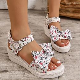 Sandals Women Fashion Floral Print Bowknot 2024 Summer Buckle Strap Platform Wedge Woman Thick Sole Non Slip Beach Shoes