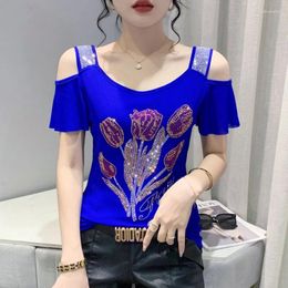 Women's T Shirts Summer Short Sleeved Off The Shoulder Clothes Rose Mesh Tops Elegant Slim Diamond Female Sexy T-Shirt Tees