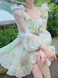 Casual Dresses France Sweet Tie-dyed Fairy Dress Women Elegant Chic Ruffles V-Neck Long Sleeve Princess Female Beach Vestidos