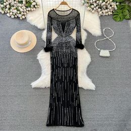 Casual Dresses Foamlina Spring Autumn Fashionable Sexy Long Sleeve Prom Dress Round Neck Waist Slimming Mesh Diamond Perspective