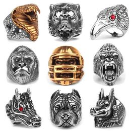 Band Rings Stainless Steel Animal Men Rings Eagle Dog Dragon Bird Snake Punk Hip Hop Trendy For Male Boy Jewelry Creativity Gift Wholesale 240125