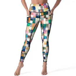 Active Pants Watercolour Brush Print Leggings With Pockets Vintage Design Yoga High Waist Fitness Legging Sexy Stretchy Sport