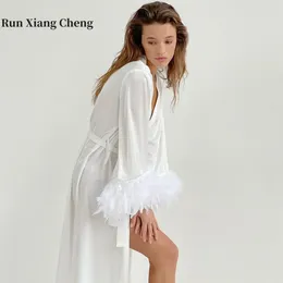 Women's Sleepwear Runxiangcheng 2024 Autumn Cardigan Feather Satin Nightgown Loose And Elegant Fashion Long Pyjamas