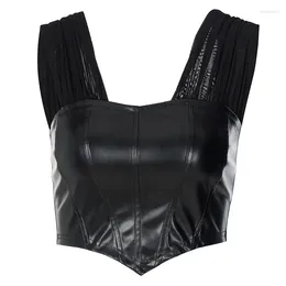 Women's Tanks In Spring Summer Off Shoulder Mesh Straps Short Sleeveless Pu Leather Crop Corset Top Women 2024 Fashion Sexy Y2k Clothes