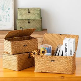 Ins Storage Baskets with Lid Rectangle Seaweed Weaving Box Clothes Laundry Basket Sundries Storage Box Household Tidy Organiser 240125