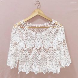 Women's Blouses Blouse Women Skirt Shawl Embroidery Floral Lace Cover Up O-Neck Half Sleeve Jacquard Pullover Short Summer Knitted Hollow