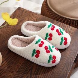 Slippers Lovely Cherry Couple 2024 Winter Home Plush Comfortable Non Slip Cotton Shoes Warm Flat Bottom Casual Men Women