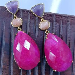 Charm Promotion Salekqdance Natural Green Agate Rose Pink Jade Amethyst Gemstone Long Water Drop Shape Earrings for Women Jewellery