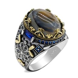 Rings Sterling Sier Men's Ring Turkish Classic Retro Inlaid Natural Agate Large Stone Men's Jewellery Wholesale and Retail