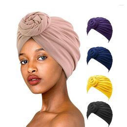 Ethnic Clothing Women Turban Cotton Top Knot Flower Decor Headwrap Muslim Ladies Hair Cover Beanie Head Wear Solid Color India Hat Headscarf