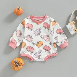 Rompers 2024 Infant Boys Girls Halloween Novelty Jumpsuit Romper Long Sleeves Round Neck Pumpkin Pattern Snap Closure