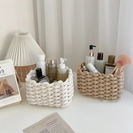 Nordic Cotton Rope Woven Small Storage Basket Rectangle Desktop Sundries Make up Organiser Home Decor 240125