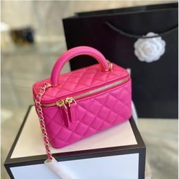 22P Black Fuchsia Vanity Box With Chain Bags Mirror Classic Quilted GHW Cosmetic Case Shoulder Cosmetic3012