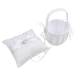 2 Heart Rhinestones Ivory Satin Flower Girl Basket and Ring Pillow Set bleach253O