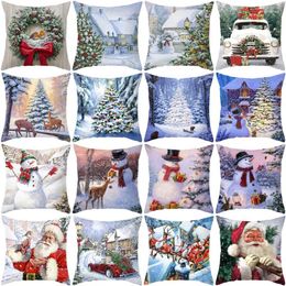 Pillow Christmas Tree Cover Snowman Winter Gift Art Pillowcase Happy Year 45x45cm G747