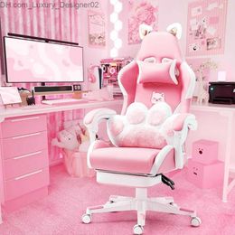 Other Furniture Pink gaming chair with cat claw lumbar cushion and cat ears Ergonomic computer chair with footrest Suitable for girls teens Q240129