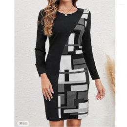 Casual Dresses Spring Autumn Fashion Geometry Print Dress For Women O-neck Logn Sleeve Loose Office Ladies Robe Femme