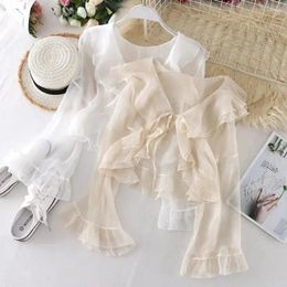 Women's Blouses 2024 Autumn Flare Sleeves Ruffle Lace Up Short Sunscreen Shirt Top Summer Style With Skirt Small Shawl Overlay